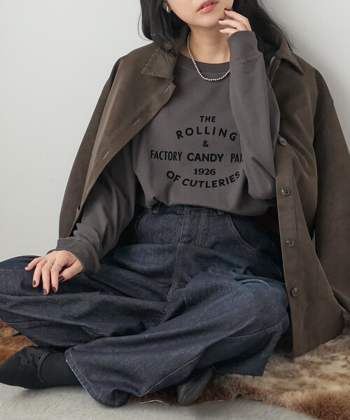 FREAK'S STORE(フリークスストア)の「フロッキープリントロンT/フロッキーロゴTシャツ(Tシャツ/カットソー・レディース・チャコール/ピンク/オフホワイト・フリ-)」の4枚目の写真