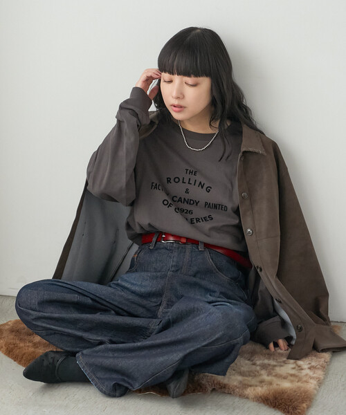 FREAK'S STORE(フリークスストア)の「フロッキープリントロンT/フロッキーロゴTシャツ(Tシャツ/カットソー・レディース・チャコール/ピンク/オフホワイト・フリ-)」の5枚目の写真