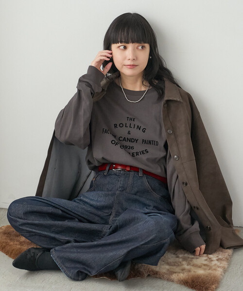FREAK'S STORE(フリークスストア)の「フロッキープリントロンT/フロッキーロゴTシャツ(Tシャツ/カットソー・レディース・チャコール/ピンク/オフホワイト・フリ-)」の6枚目の写真