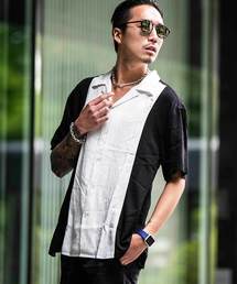 縦切り替え開襟レーヨン半袖シャツ オープンカラー