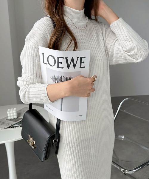 セール】ハイネック長袖ワイドリブニットワンピース（ワンピース