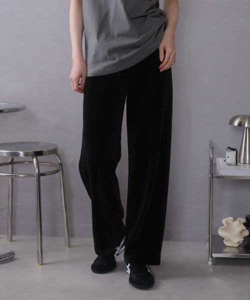 susuri　タピールパンツ　コーデュロイ　ゆったり　ロングベルト　黒　0 susuri タピールパンツ コーデュロイ ゆったり ロングベルト 黒