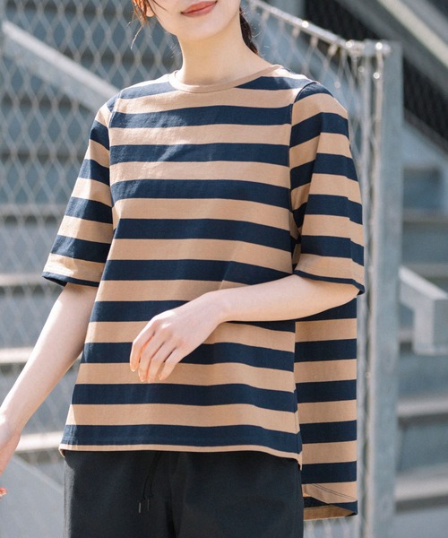 Munich(ミューニック)の「コットンボーダー フレアTシャツ(Tシャツ/カットソー・レディース・ホワイト/グリーン/キャメル・FREE)」の8枚目の写真