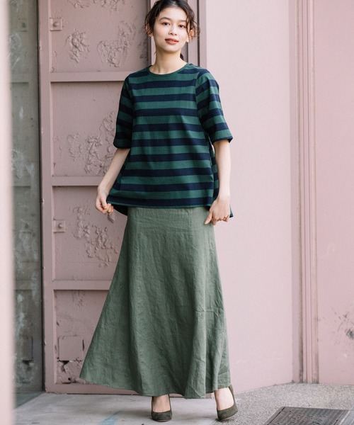 Munich(ミューニック)の「コットンボーダー フレアTシャツ(Tシャツ/カットソー・レディース・ホワイト/グリーン/キャメル・FREE)」の9枚目の写真