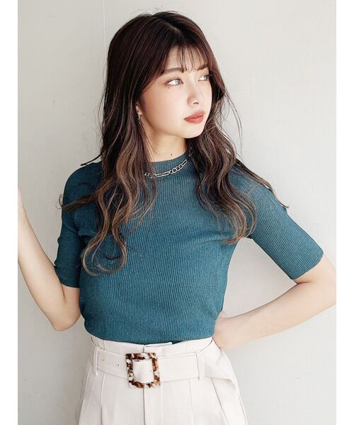 MURUA（ムルーア）の「シアーミニマルハーフスリーブトップス（ニット/セーター・レディース・ブラック/グリーン/オフホワイト/グレー・FREE）」の4枚目の写真