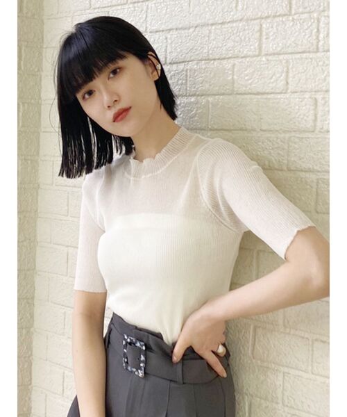 MURUA（ムルーア）の「シアーミニマルハーフスリーブトップス（ニット/セーター・レディース・ブラック/グリーン/オフホワイト/グレー・FREE）」の5枚目の写真