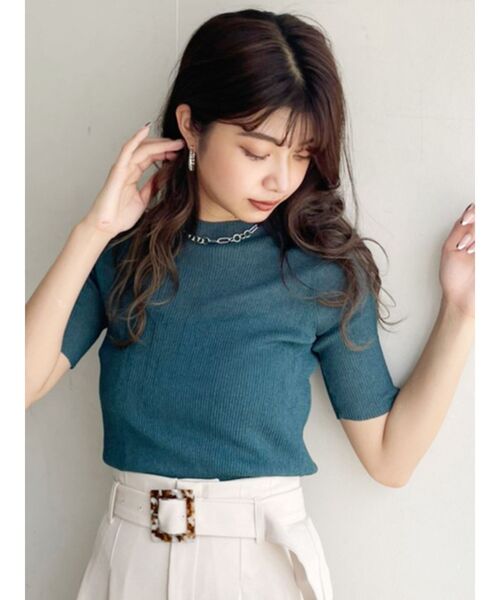 MURUA（ムルーア）の「シアーミニマルハーフスリーブトップス（ニット/セーター・レディース・ブラック/グリーン/オフホワイト/グレー・FREE）」の14枚目の写真