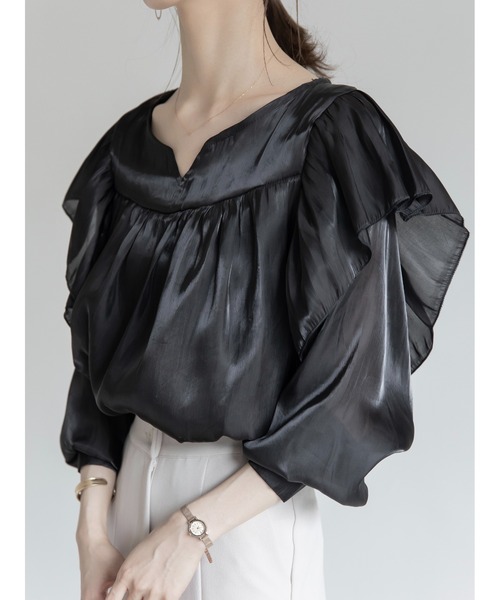 amel（エイメル）の「グロッシーフリルブラウス（シャツ/ブラウス・レディース・ブラック・FREE）」の3枚目の写真
