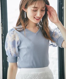 tocco closet | 袖口パール付きオーガンジーフラワースリーブ切り替えリブカットプルオーバー(Tシャツ/カットソー)