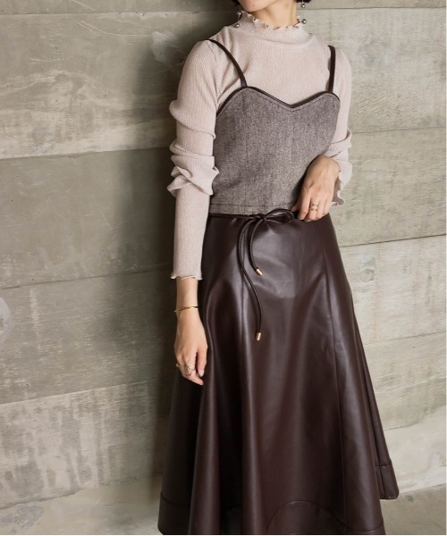 ランバンコレクション 美品 フェイクレザーワンピース 茶 ブラウン ドッキング ランバンコレクション 美品 フェイクレザーワンピース 茶 ブラウン