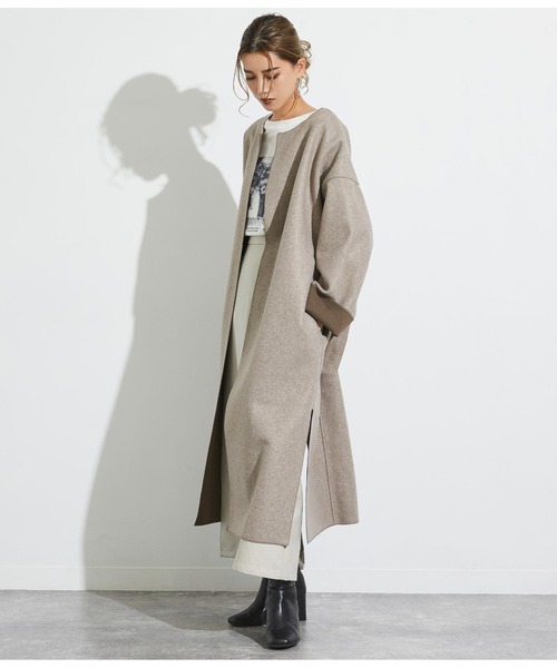 Settimissimo（セッティミッシモ）の「ダブルフェイスノーカラーロングコート（ノーカラーコート・レディース・キナリ/ブラウン・FREE）」の9枚目の写真