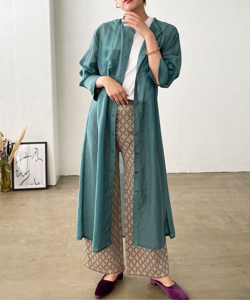 Shelly island（シェリーアイランド）の「バンドカラーシアーシャツワンピース（シャツワンピース・レディース・ブラック/オレンジ/グリーン・M）」の3枚目の写真