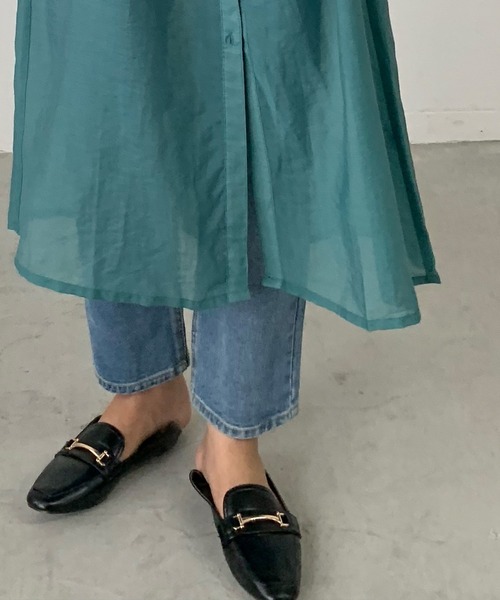 Shelly island（シェリーアイランド）の「バンドカラーシアーシャツワンピース（シャツワンピース・レディース・ブラック/オレンジ/グリーン・M）」の14枚目の写真