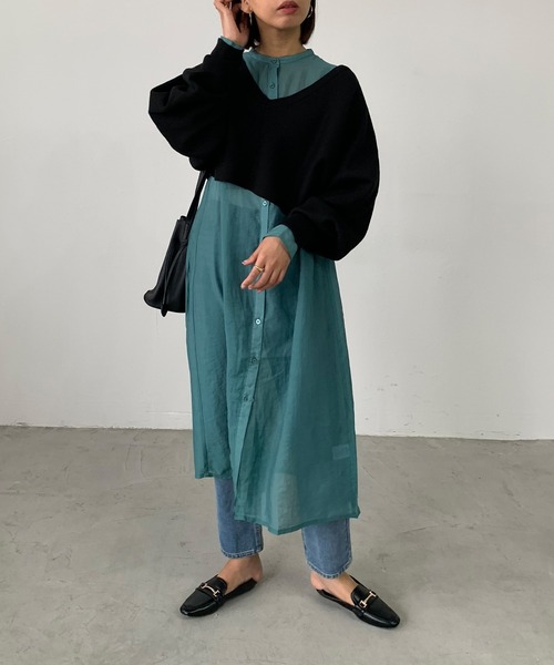 Shelly island（シェリーアイランド）の「バンドカラーシアーシャツワンピース（シャツワンピース・レディース・ブラック/オレンジ/グリーン・M）」の10枚目の写真