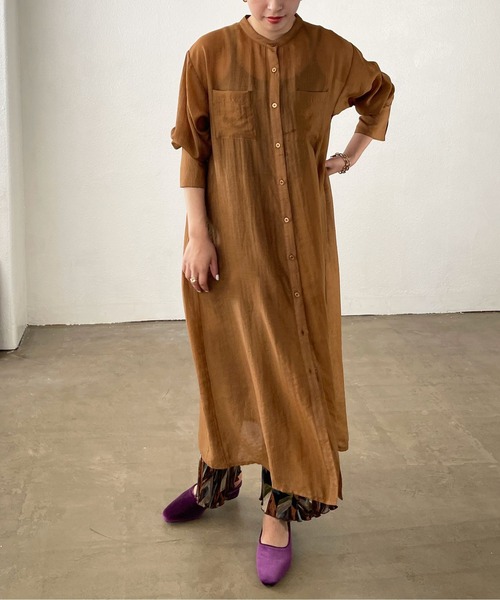 Shelly island（シェリーアイランド）の「バンドカラーシアーシャツワンピース（シャツワンピース・レディース・ブラック/オレンジ/グリーン・M）」の15枚目の写真