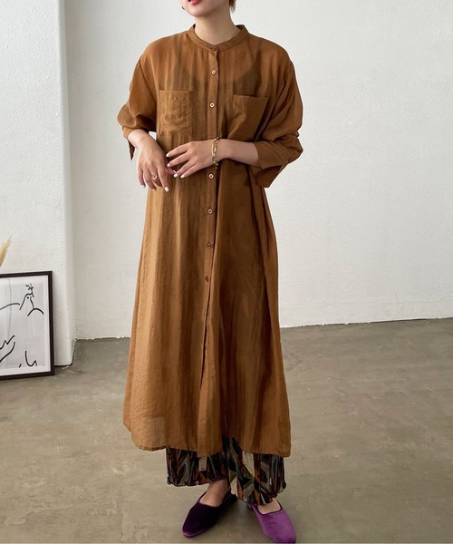 Shelly island（シェリーアイランド）の「バンドカラーシアーシャツワンピース（シャツワンピース・レディース・ブラック/オレンジ/グリーン・M）」の16枚目の写真