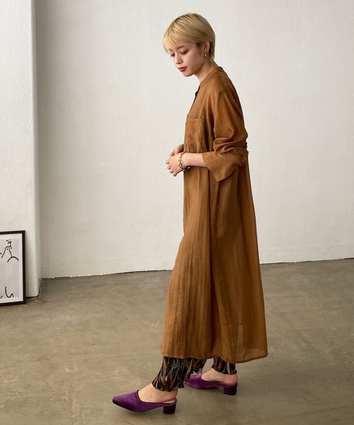 Shelly island（シェリーアイランド）の「バンドカラーシアーシャツワンピース（シャツワンピース・レディース・ブラック/オレンジ/グリーン・M）」の17枚目の写真