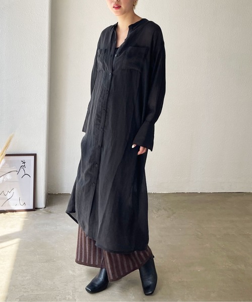 Shelly island（シェリーアイランド）の「バンドカラーシアーシャツワンピース（シャツワンピース・レディース・ブラック/オレンジ/グリーン・M）」の4枚目の写真