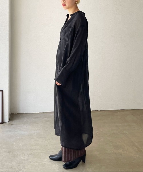 Shelly island（シェリーアイランド）の「バンドカラーシアーシャツワンピース（シャツワンピース・レディース・ブラック/オレンジ/グリーン・M）」の6枚目の写真