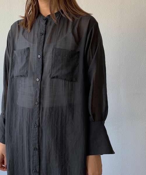 Shelly island（シェリーアイランド）の「バンドカラーシアーシャツワンピース（シャツワンピース・レディース・ブラック/オレンジ/グリーン・M）」の9枚目の写真