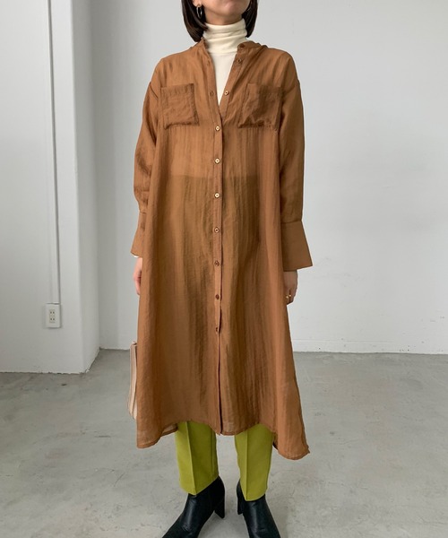 Shelly island（シェリーアイランド）の「バンドカラーシアーシャツワンピース（シャツワンピース・レディース・ブラック/オレンジ/グリーン・M）」の20枚目の写真