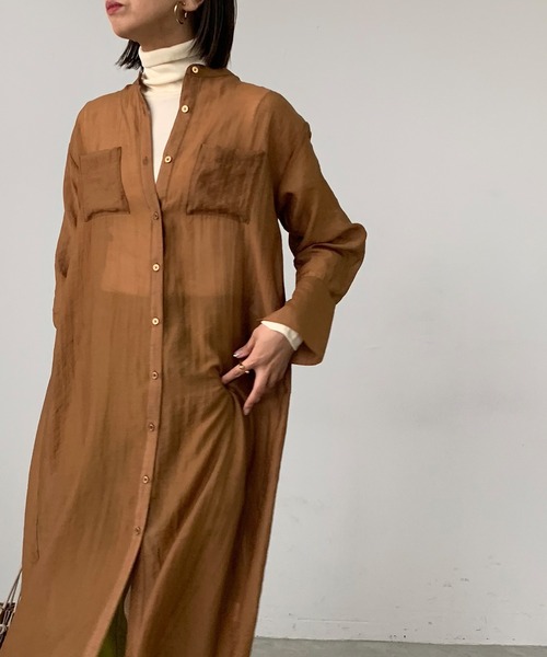 Shelly island（シェリーアイランド）の「バンドカラーシアーシャツワンピース（シャツワンピース・レディース・ブラック/オレンジ/グリーン・M）」の21枚目の写真