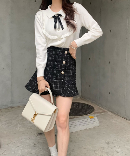 ファッションインフルエンサーpoyo Titty Co Petit デコルテフリルリボンニット