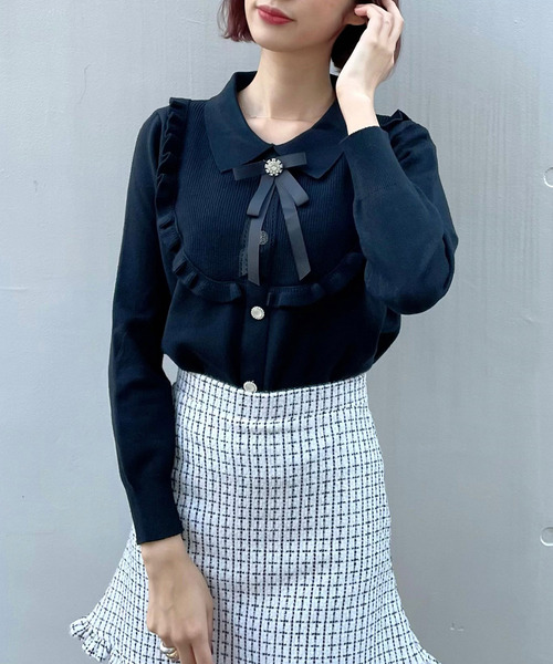 ファッションインフルエンサーpoyo Titty Co Petit デコルテフリルリボンニット