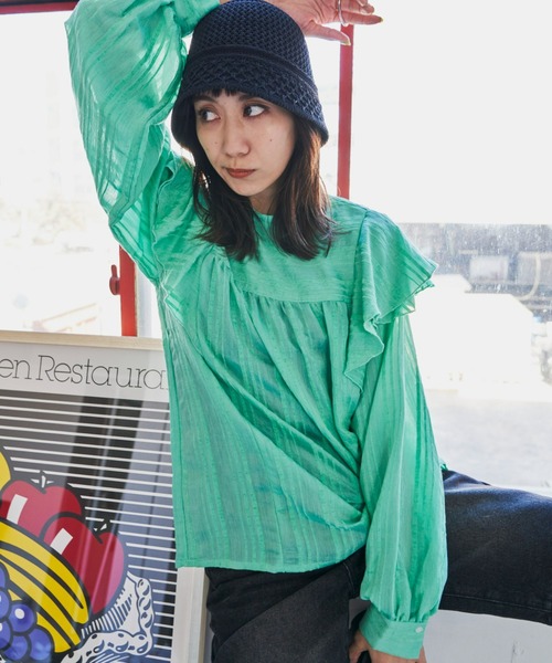 Auntie Rosa Holiday(アンティローザホリデー)の「ドビーストライプフリルブラウス(シャツ/ブラウス・レディース・グリーン/オフホワイト・FREE)」の20枚目の写真