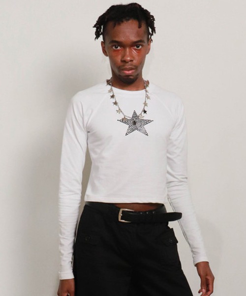 bonjour records（ボンジュールレコーズ）の「【MOSAIC SOCIETYモザイクソサエティ】Black crystal star tee 「Black crystal star」ラグランロングスリーブTシャツ（Tシャツ/カットソー・レディース・ホワイト/ブラック・FREE）」の7枚目の写真