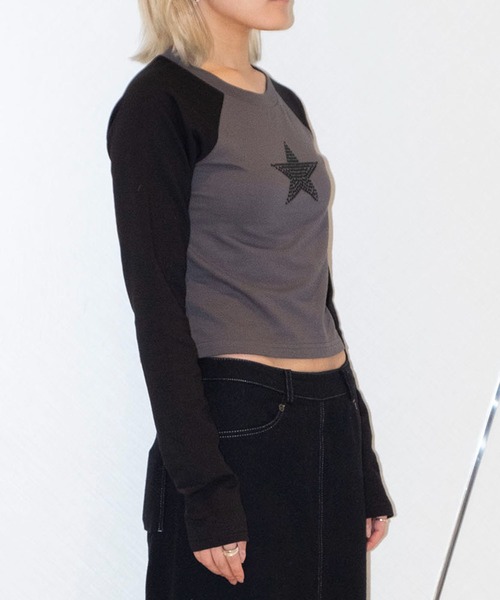 bonjour records（ボンジュールレコーズ）の「【MOSAIC SOCIETYモザイクソサエティ】Black crystal star tee 「Black crystal star」ラグランロングスリーブTシャツ（Tシャツ/カットソー・レディース・ホワイト/ブラック・FREE）」の9枚目の写真