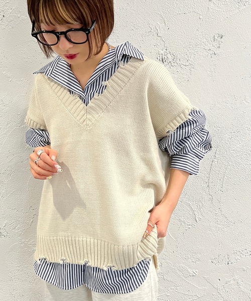 apres jour mignon(アプレジュールミニョン)の「ダメージニットベスト【ZOZOTOWN限定アイテム】(ベスト・レディース・ブラック/オレンジ/グリーン/アイボリー・X-LARGE/フリー)」の7枚目の写真