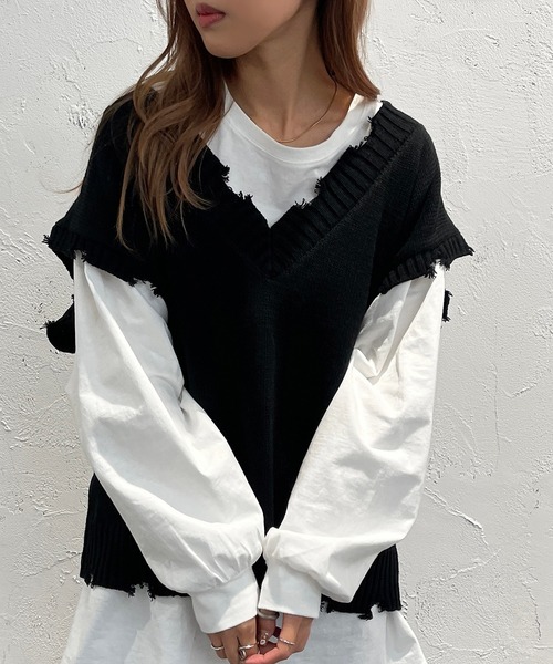 apres jour mignon(アプレジュールミニョン)の「ダメージニットベスト【ZOZOTOWN限定アイテム】(ベスト・レディース・ブラック/オレンジ/グリーン/アイボリー・X-LARGE/フリー)」の13枚目の写真