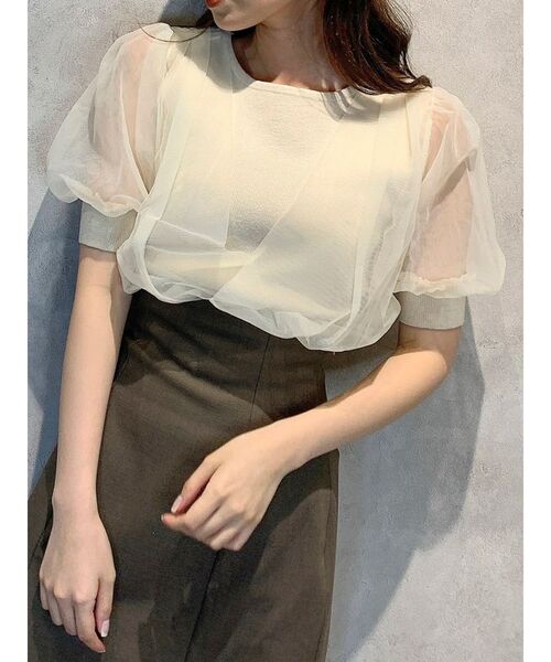 dazzlin(ダズリン)の「チュールスリーブシアーニットトップス(ニット/セーター・レディース・オフホワイト/アイボリー/ラベンダー/ベージュ/グリーン/ブルー・FREE)」の3枚目の写真