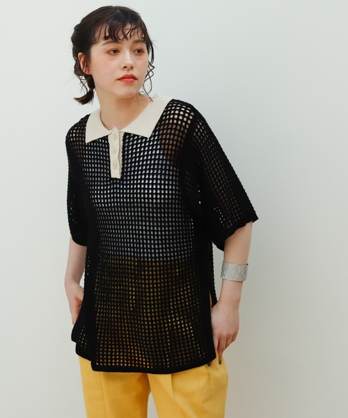 Birthday room（バースデイルーム）の「バイカラーメッシュ編みポロ（ポロシャツ・レディース・ブラック/アイボリー・FREE）」の2枚目の写真