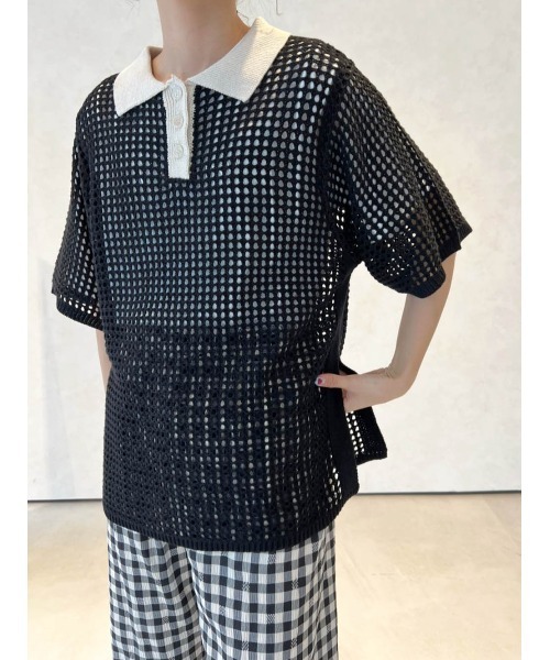 Birthday room（バースデイルーム）の「バイカラーメッシュ編みポロ（ポロシャツ・レディース・ブラック/アイボリー・FREE）」の4枚目の写真