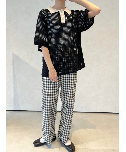 Birthday room（バースデイルーム）の「バイカラーメッシュ編みポロ（ポロシャツ・レディース・ブラック/アイボリー・FREE）」の8枚目の写真