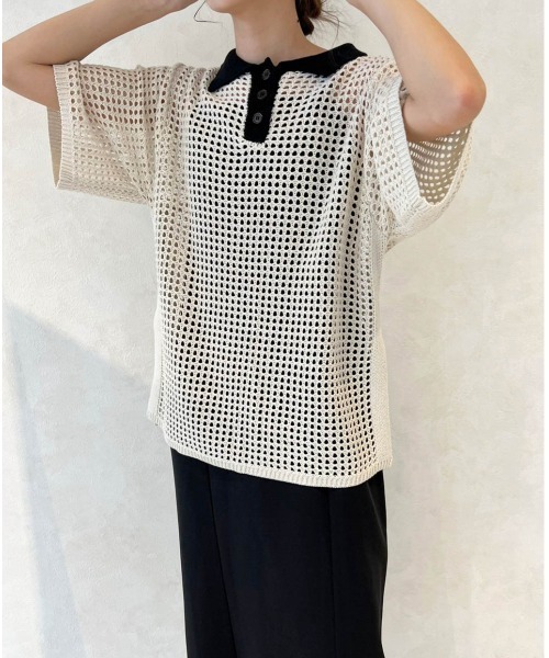 Birthday room（バースデイルーム）の「バイカラーメッシュ編みポロ（ポロシャツ・レディース・ブラック/アイボリー・FREE）」の10枚目の写真