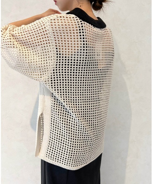 Birthday room（バースデイルーム）の「バイカラーメッシュ編みポロ（ポロシャツ・レディース・ブラック/アイボリー・FREE）」の12枚目の写真