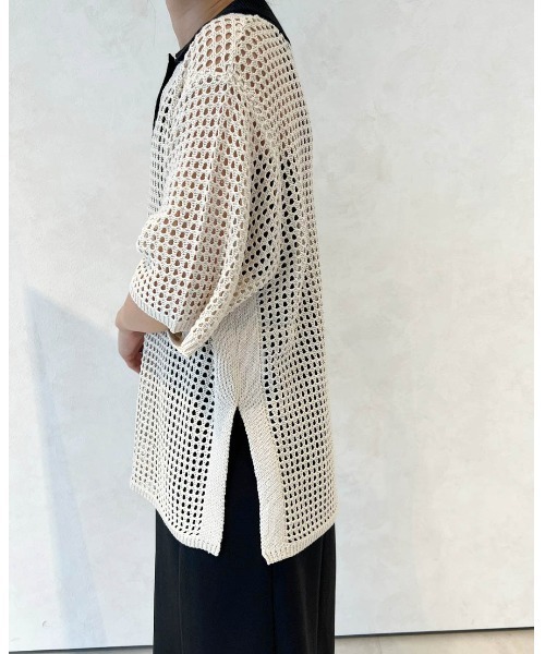 Birthday room（バースデイルーム）の「バイカラーメッシュ編みポロ（ポロシャツ・レディース・ブラック/アイボリー・FREE）」の11枚目の写真