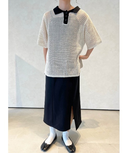 Birthday room（バースデイルーム）の「バイカラーメッシュ編みポロ（ポロシャツ・レディース・ブラック/アイボリー・FREE）」の13枚目の写真