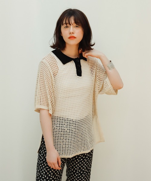 Birthday room（バースデイルーム）の「バイカラーメッシュ編みポロ（ポロシャツ・レディース・ブラック/アイボリー・FREE）」の17枚目の写真