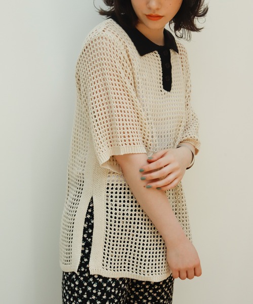 Birthday room（バースデイルーム）の「バイカラーメッシュ編みポロ（ポロシャツ・レディース・ブラック/アイボリー・FREE）」の19枚目の写真