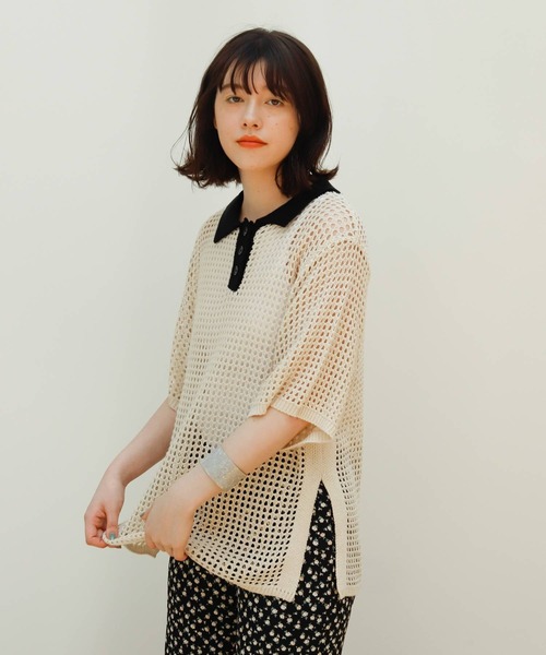 Birthday room（バースデイルーム）の「バイカラーメッシュ編みポロ（ポロシャツ・レディース・ブラック/アイボリー・FREE）」の18枚目の写真