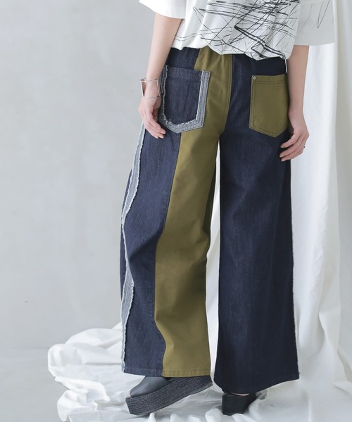 osharewalker（オシャレウォーカー）の「【廃盤】『カシュクールデニム切替ワイドパンツ』（デニムパンツ・レディース・インディゴブルー・1/2）」の3枚目の写真