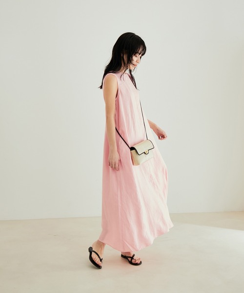 [ご好評につき新色追加！]【洗える】麻ツイルノースリーブワンピース