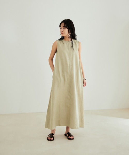 [ご好評につき新色追加！]【洗える】麻ツイルノースリーブワンピース