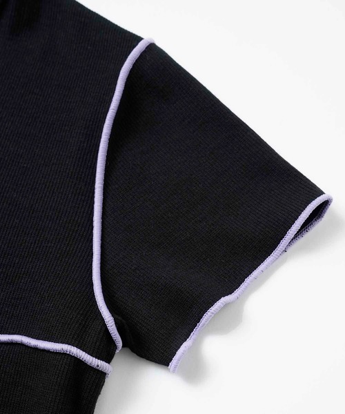 X-girl（エックスガール）の「STITCH WORK S/S TOP/配色ステッチ/ショート丈 リブTシャツ（Tシャツ/カットソー・レディース・ライトブルー/ブラック/グリーン・S/M）」の6枚目の写真