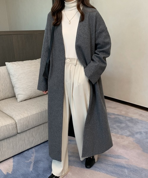 ABITOKYO（アビトーキョー）の「ノーカラーロングコート（ノーカラーコート・レディース・ベージュ/チャコールグレー/ブラック/モカ/グリーン/ブルー・FREE）」の2枚目の写真