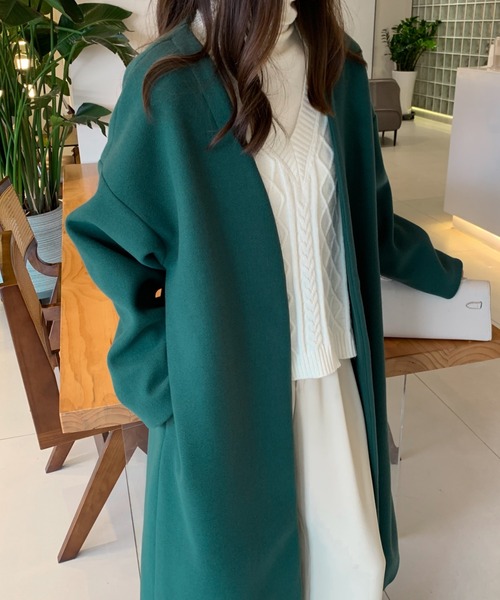 ABITOKYO（アビトーキョー）の「ノーカラーロングコート（ノーカラーコート・レディース・ベージュ/チャコールグレー/ブラック/モカ/グリーン/ブルー・FREE）」の5枚目の写真